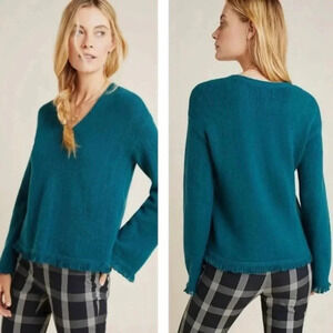 Anthropologie | Joy Fringed V Neck Sweater Medium New Dark Turquoise Teal New